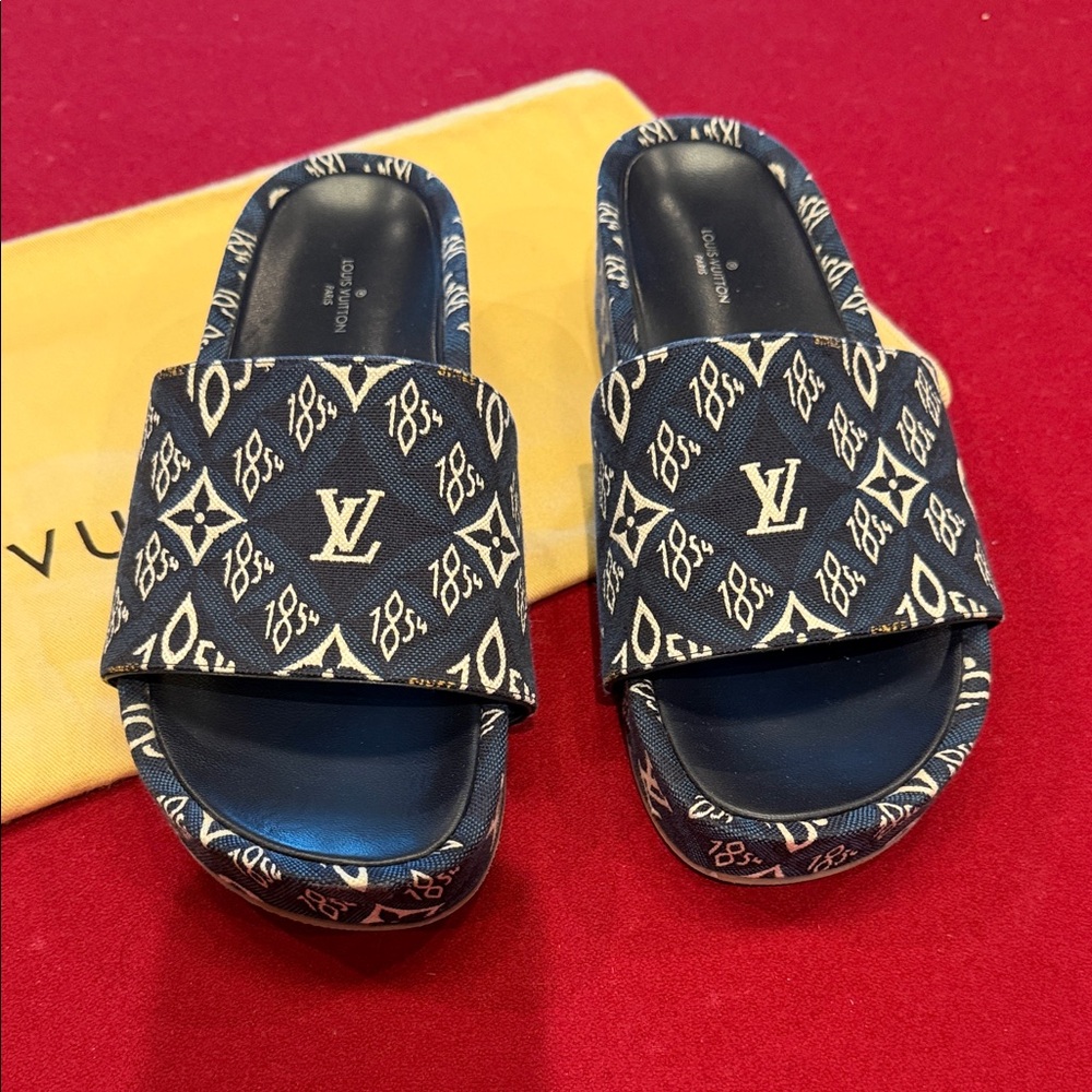Louis Vuitton Jumbo Revival 1854 Navy Wedge Embossed Monogram Sandals
